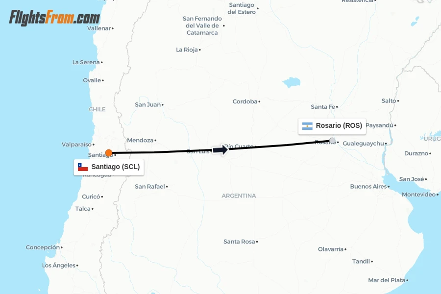 Flights from Santiago to Rosario route map