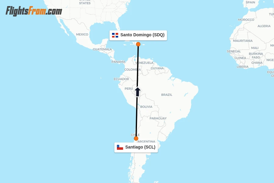 Flights from Santiago to Santo Domingo route map