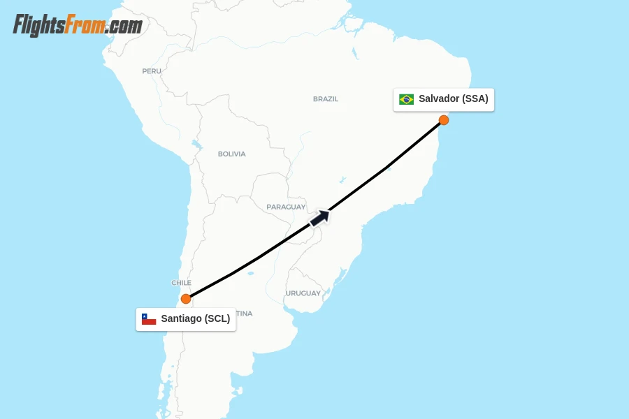 Flights from Santiago to Salvador route map