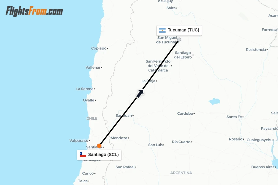 Flights from Santiago to Tucuman route map
