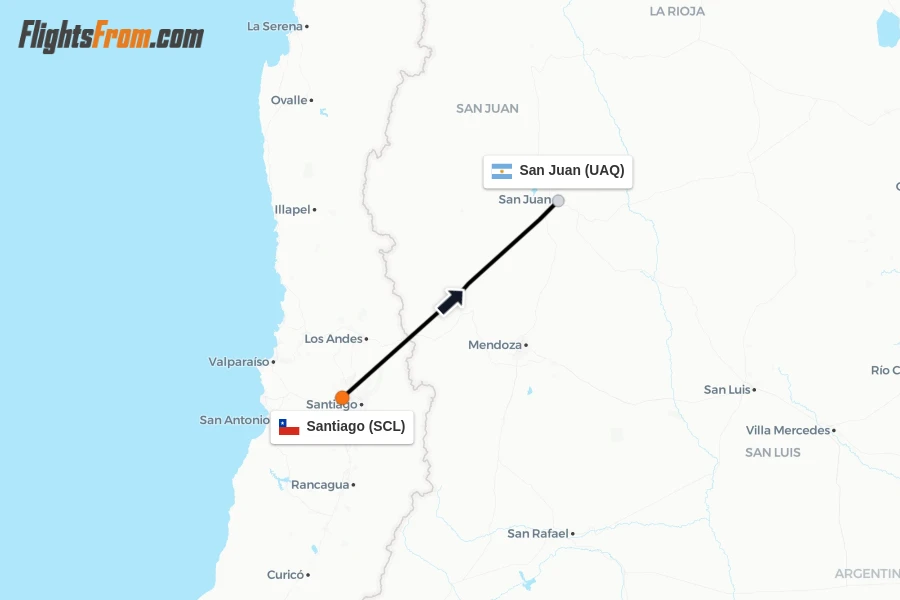 Flights from Santiago to San Juan route map