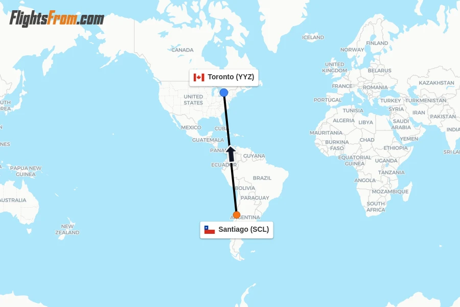 Flights from Santiago to Toronto route map