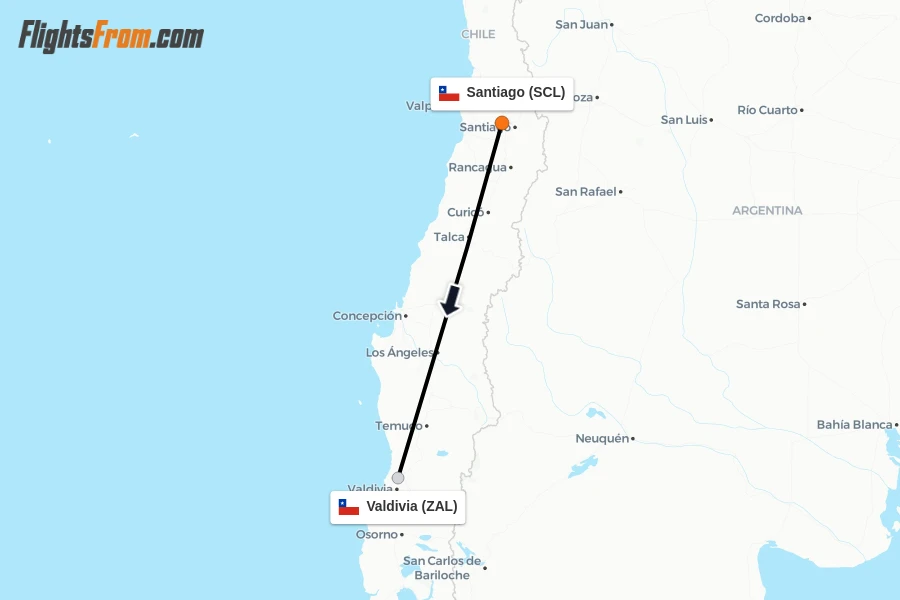 Flights from Santiago to Valdivia route map