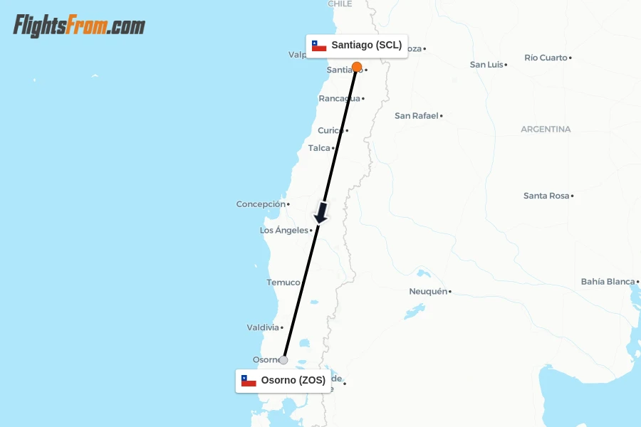 Flights from Santiago to Osorno route map