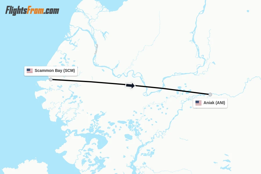 Flights from Scammon Bay to Aniak route map