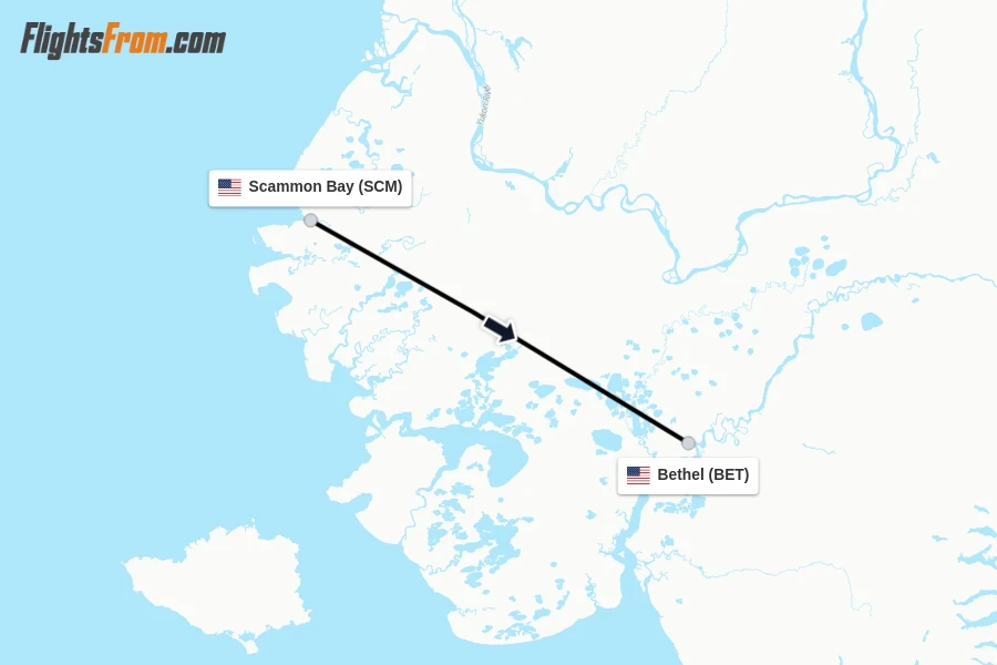 Flights from Scammon Bay to Bethel route map