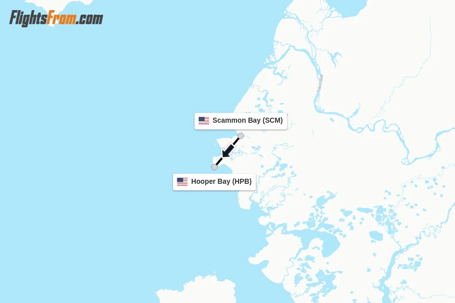 Flights from Scammon Bay to Hooper Bay route map