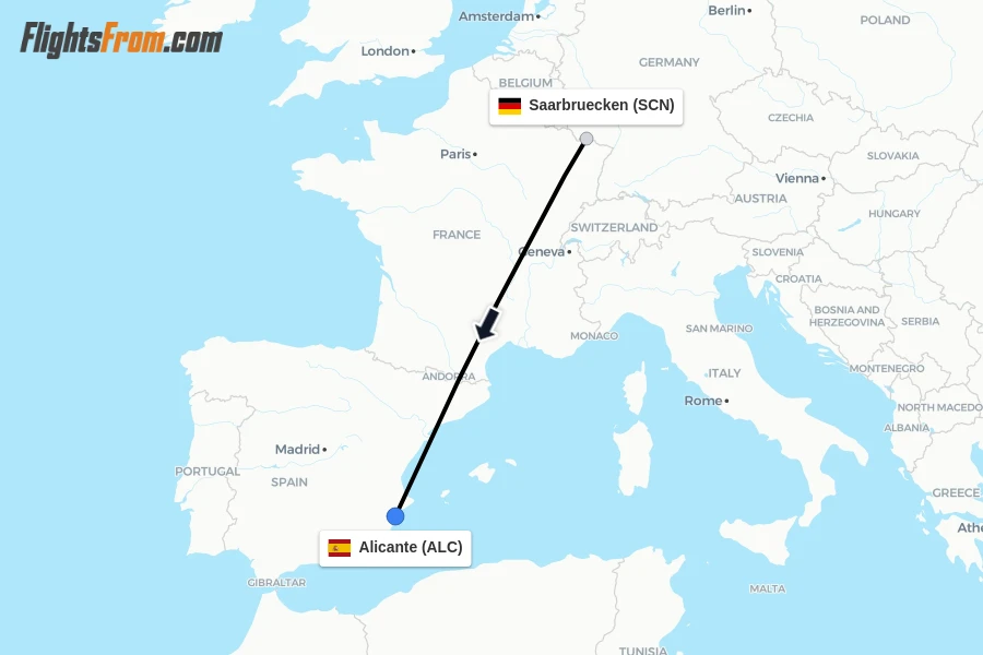 Flights from Saarbruecken to Alicante route map