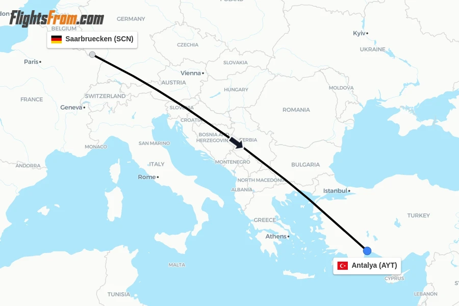 Flights from Saarbruecken to Antalya route map
