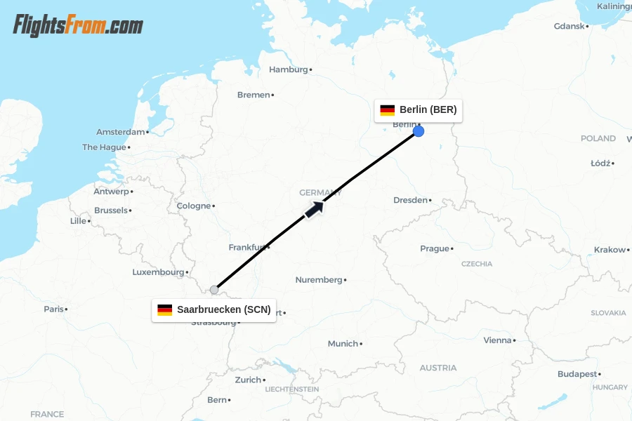 Flights from Saarbruecken to Berlin route map