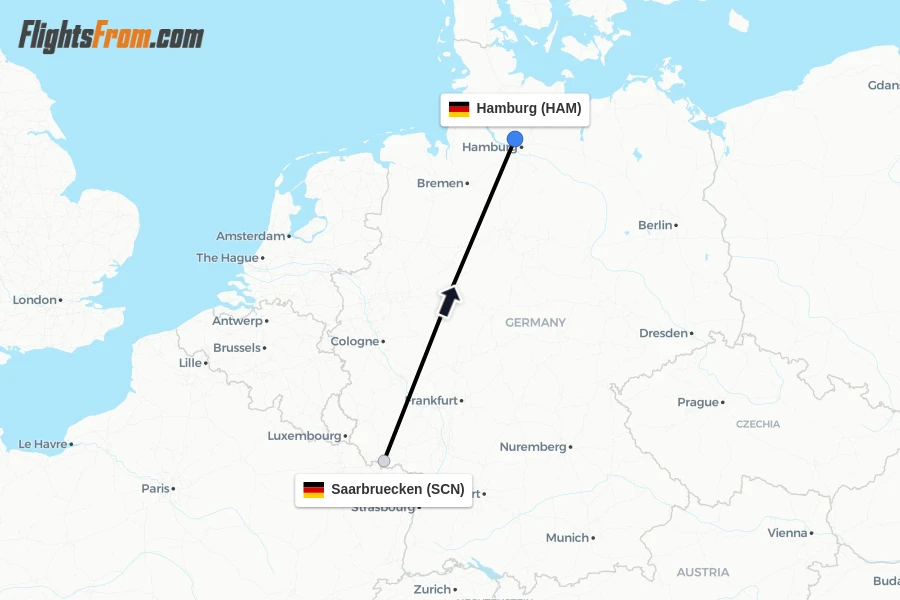 Flights from Saarbruecken to Hamburg route map
