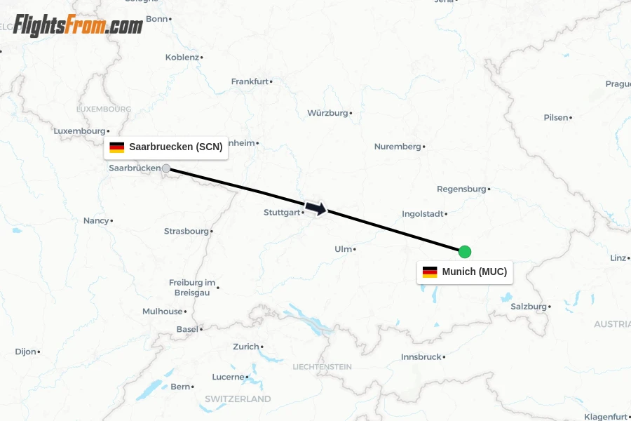 Flights from Saarbruecken to Munich route map