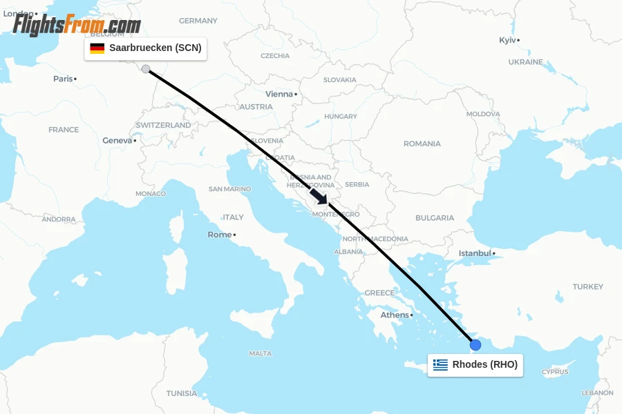 Flights from Saarbruecken to Rhodes route map