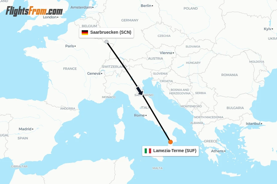 Flights from Saarbruecken to Lamezia-Terme route map