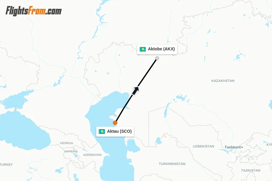Flights from Aktau to Aktobe route map