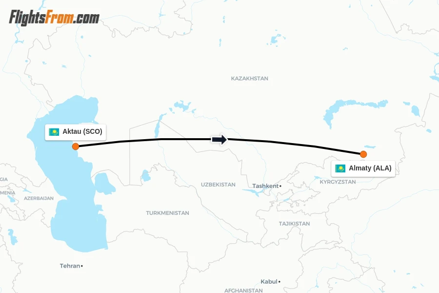 Flights from Aktau to Almaty route map
