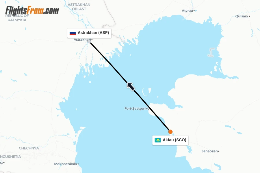 Flights from Aktau to Astrakhan route map
