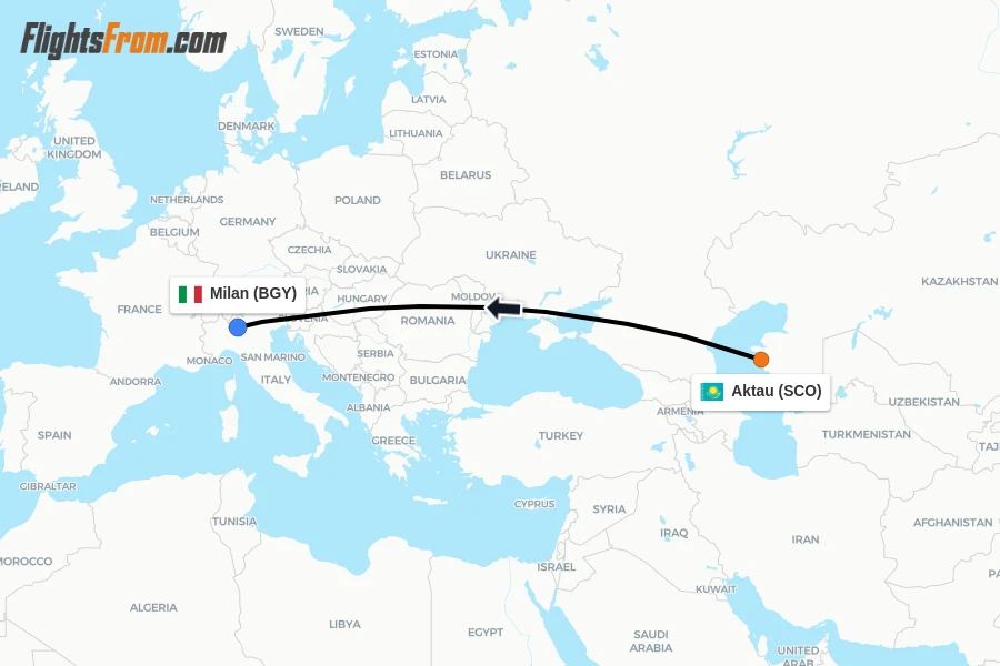 Flights from Aktau to Milan route map