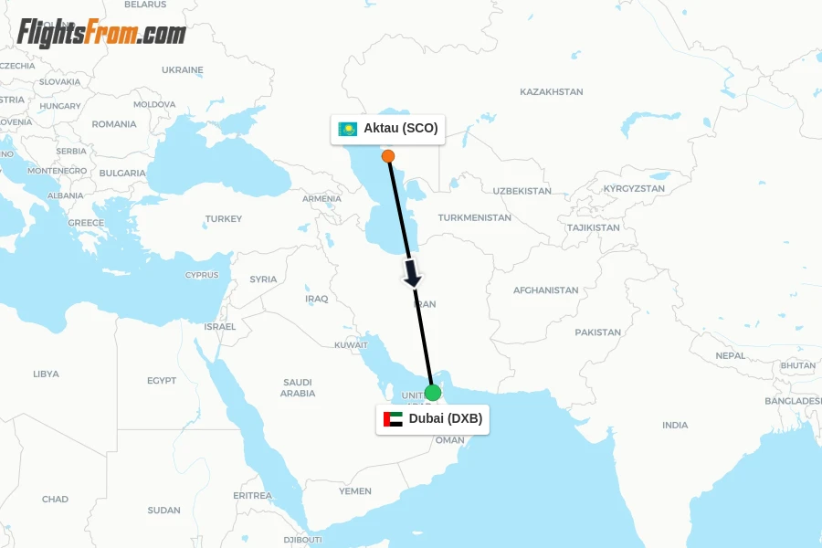 Flights from Aktau to Dubai route map
