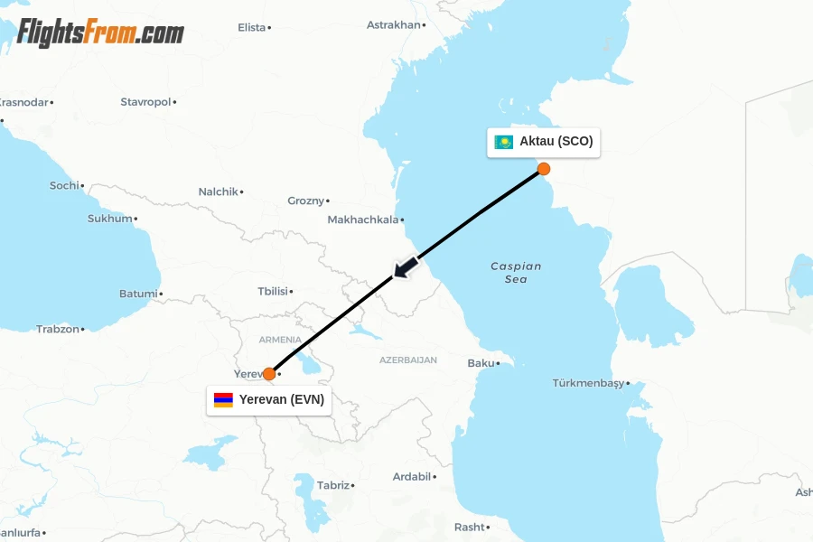 Flights from Aktau to Yerevan route map