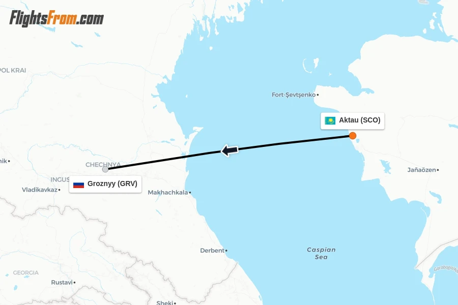 Flights from Aktau to Groznyy route map