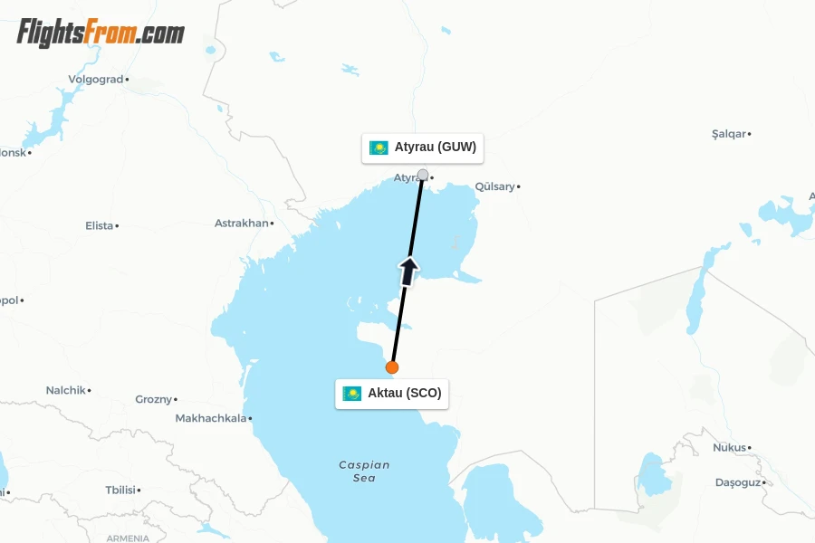 Flights from Aktau to Atyrau route map