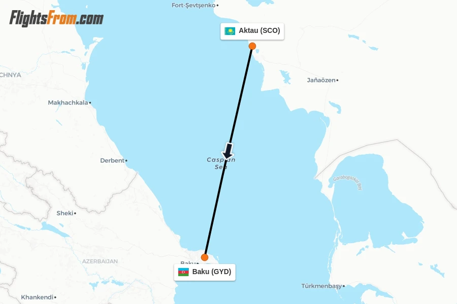 Flights from Aktau to Baku route map