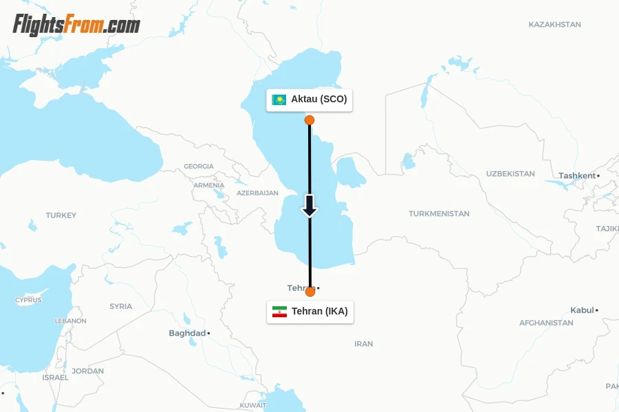 Flights from Aktau to Tehran route map