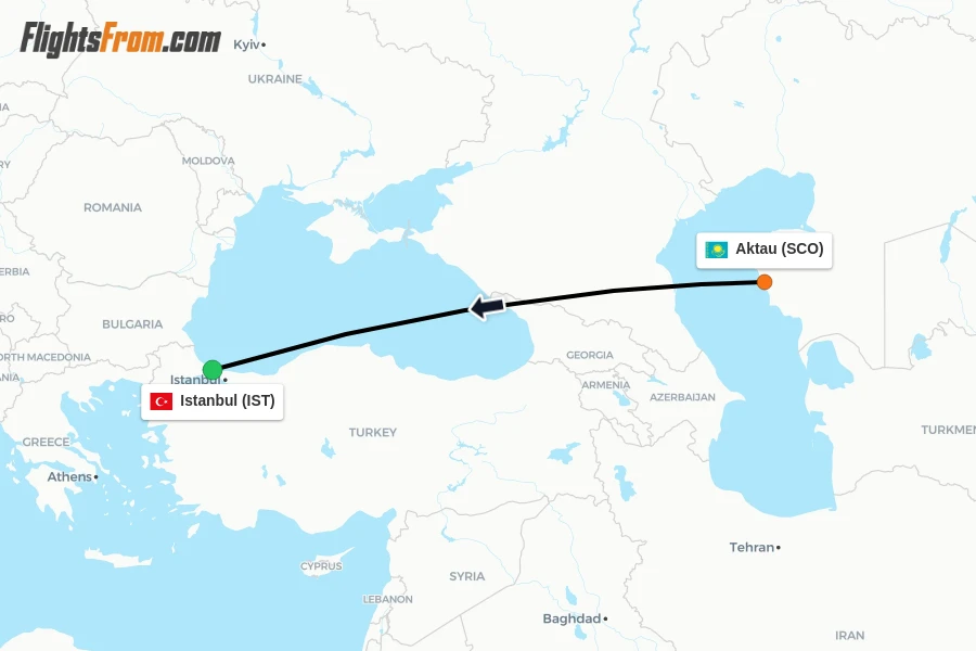 Flights from Aktau to Istanbul route map