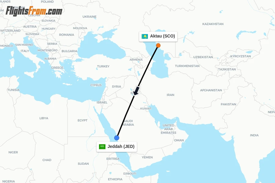 Flights from Aktau to Jeddah route map
