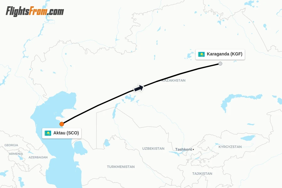 Flights from Aktau to Karaganda route map