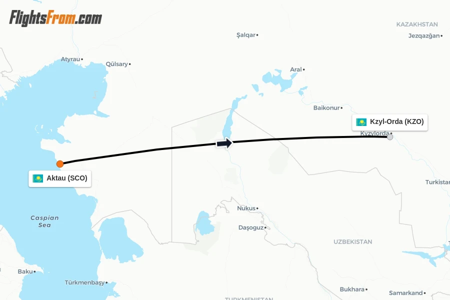 Flights from Aktau to Kzyl-Orda route map