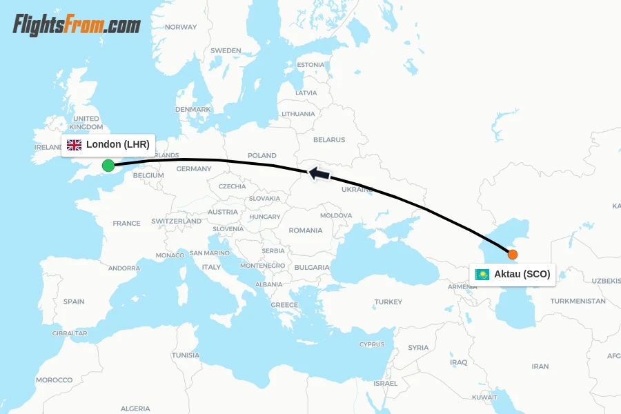 Flights from Aktau to London route map