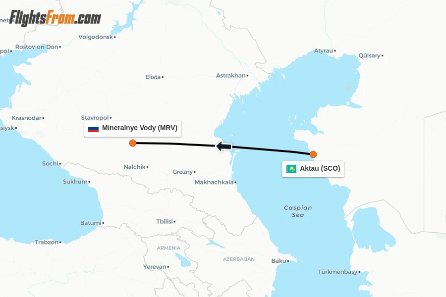 Flights from Aktau to Mineralnye Vody route map