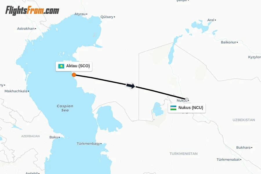 Flights from Aktau to Nukus route map