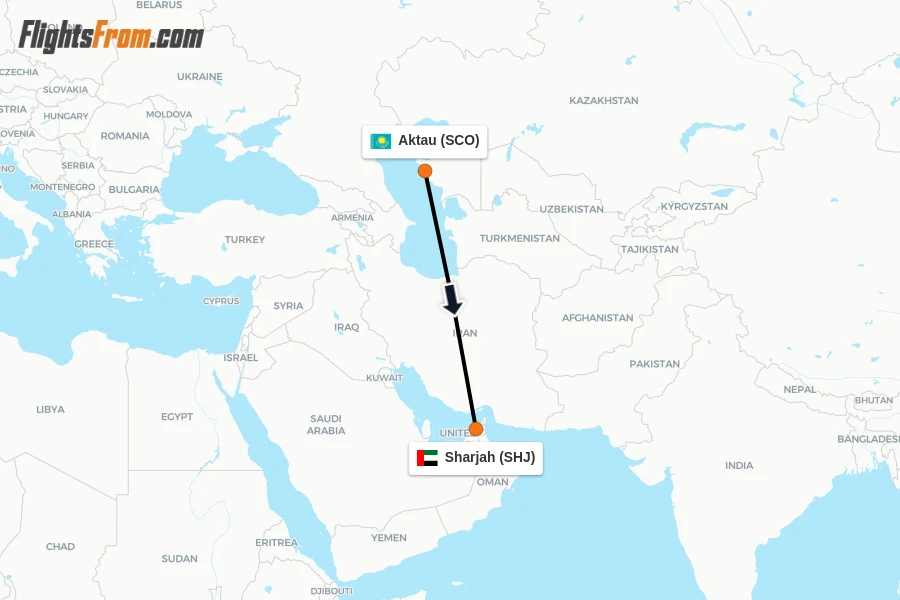 Flights from Aktau to Sharjah route map