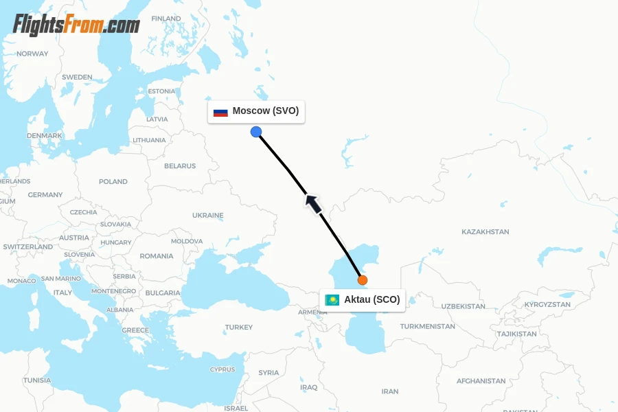 Flights from Aktau to Moscow route map