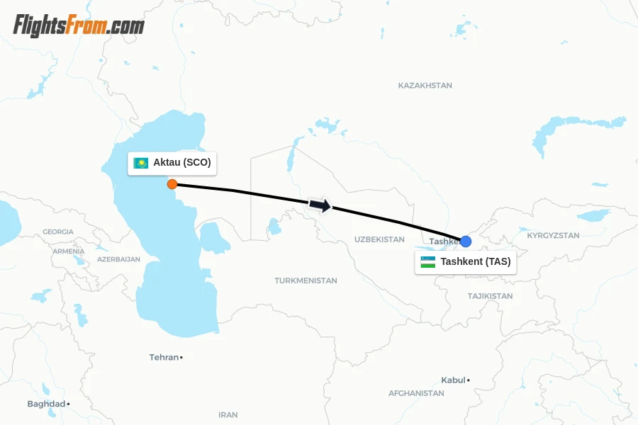 Flights from Aktau to Tashkent route map