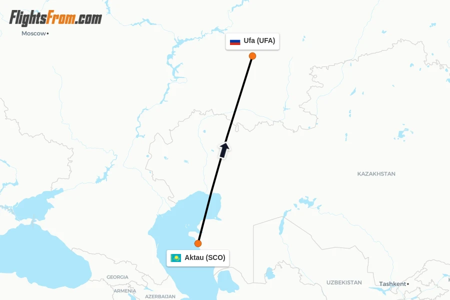 Flights from Aktau to Ufa route map