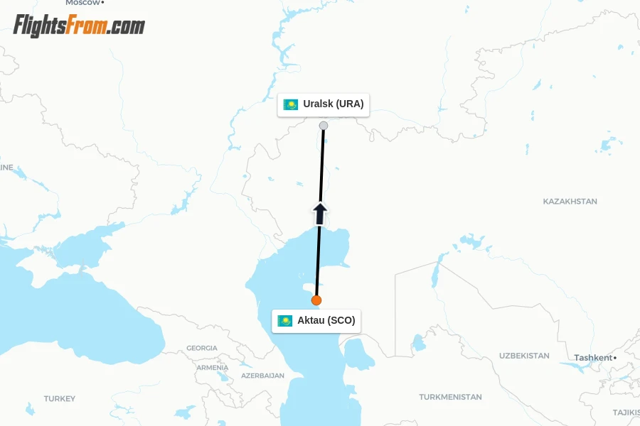 Flights from Aktau to Uralsk route map