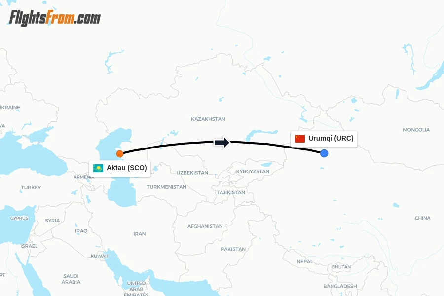 Flights from Aktau to Urumqi route map