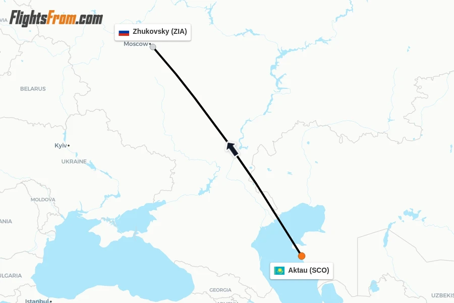 Flights from Aktau to Zhukovsky route map