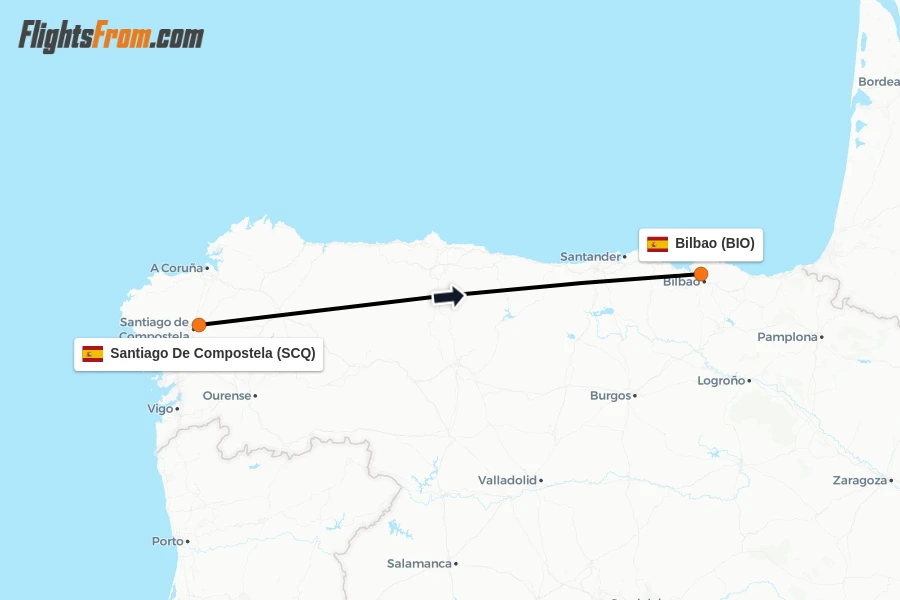 Flights from Santiago De Compostela to Bilbao route map