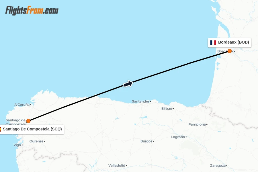 Flights from Santiago De Compostela to Bordeaux route map