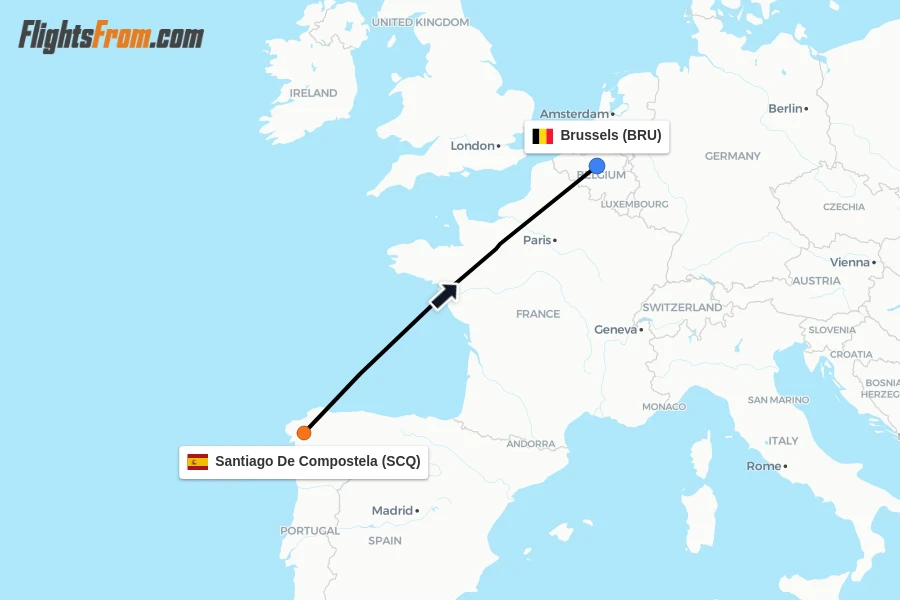 Flights from Santiago De Compostela to Brussels route map