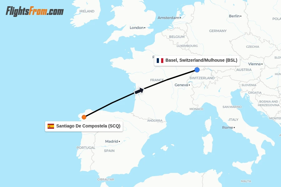 Flights from Santiago De Compostela to Basel, Switzerland/Mulhouse route map