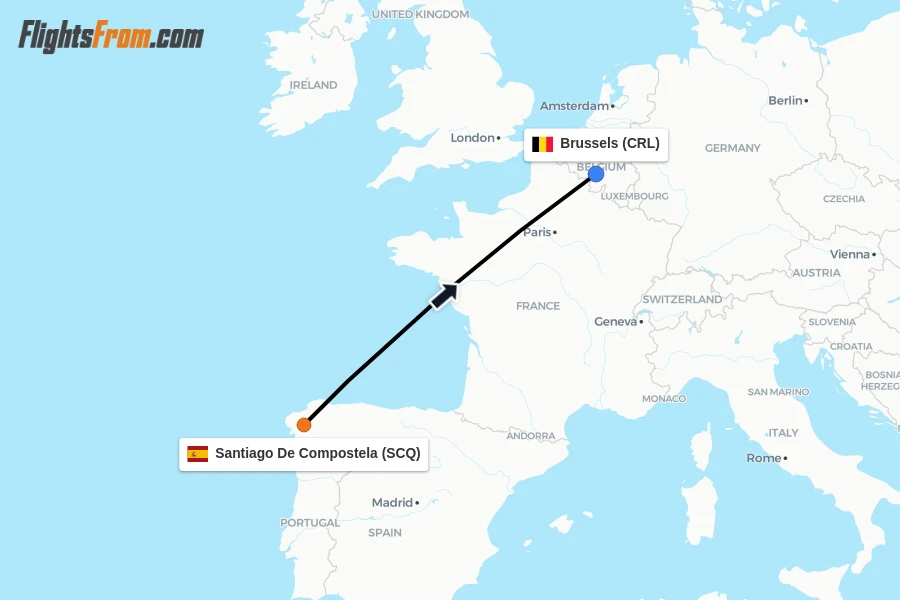 Flights from Santiago De Compostela to Brussels route map
