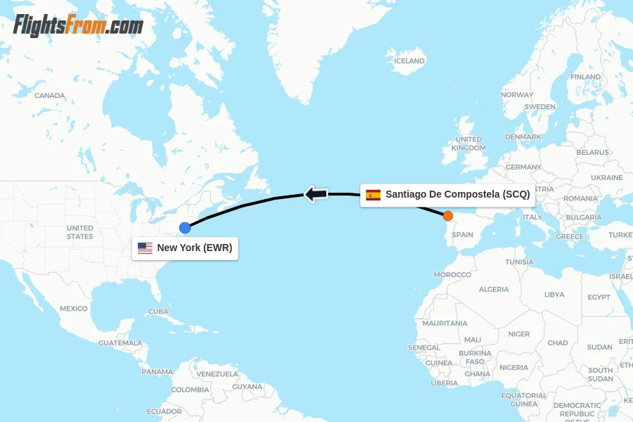 Flights from Santiago De Compostela to New York route map