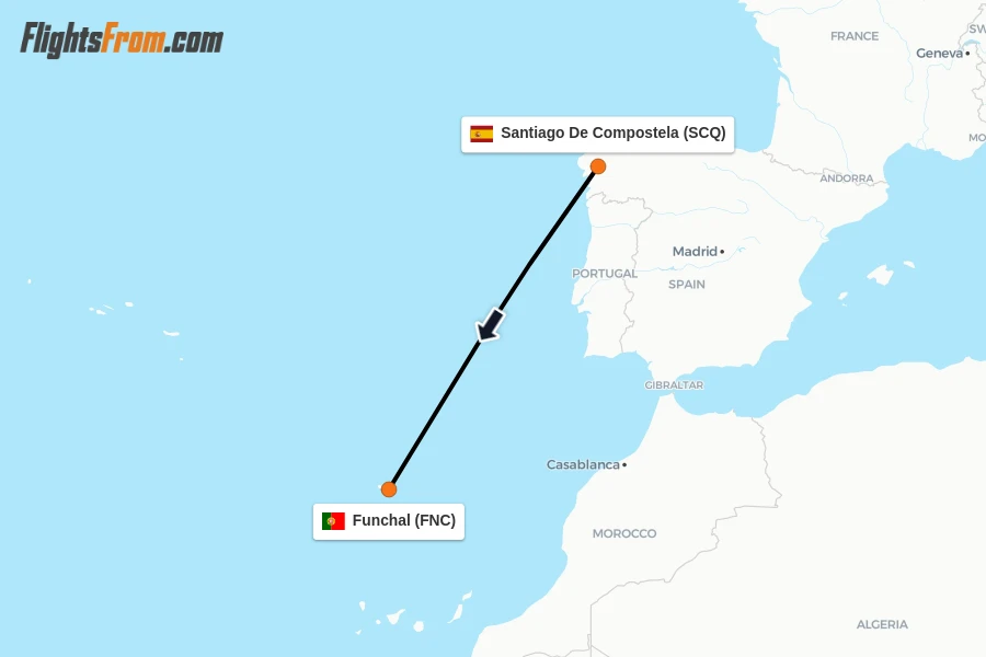 Flights from Santiago De Compostela to Funchal route map