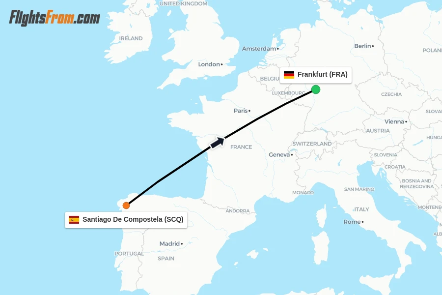 Flights from Santiago De Compostela to Frankfurt route map